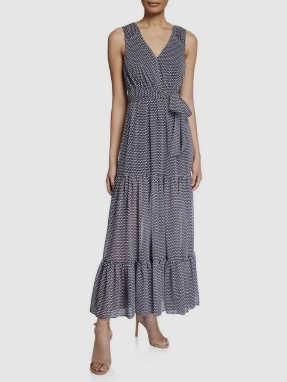 Avec Les Filles Navy Blue Polka Dot Maxi Dress Semi Sheer Bottom